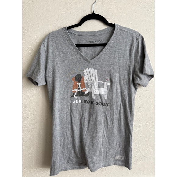 Life Is Good Tops - Life is Good Womens Crusher Tee Gray Lake Life Dog Adirondack V-Neck T-Shirt M